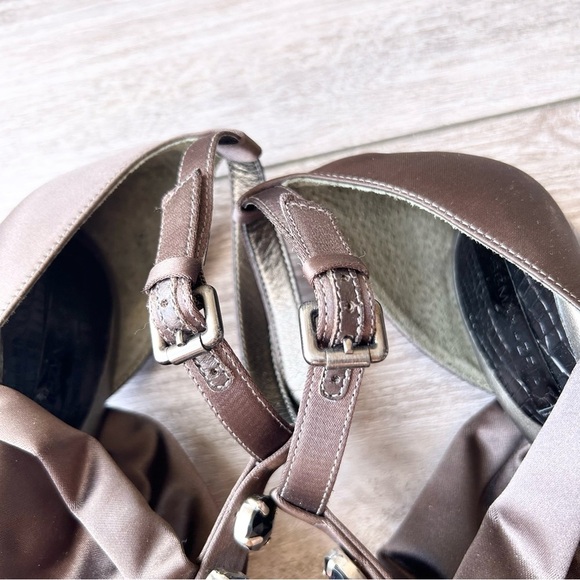 BCBGMAXAZRIA Brown Satin Jeweled Upper Strappy Sandals - Picture 12 of 14